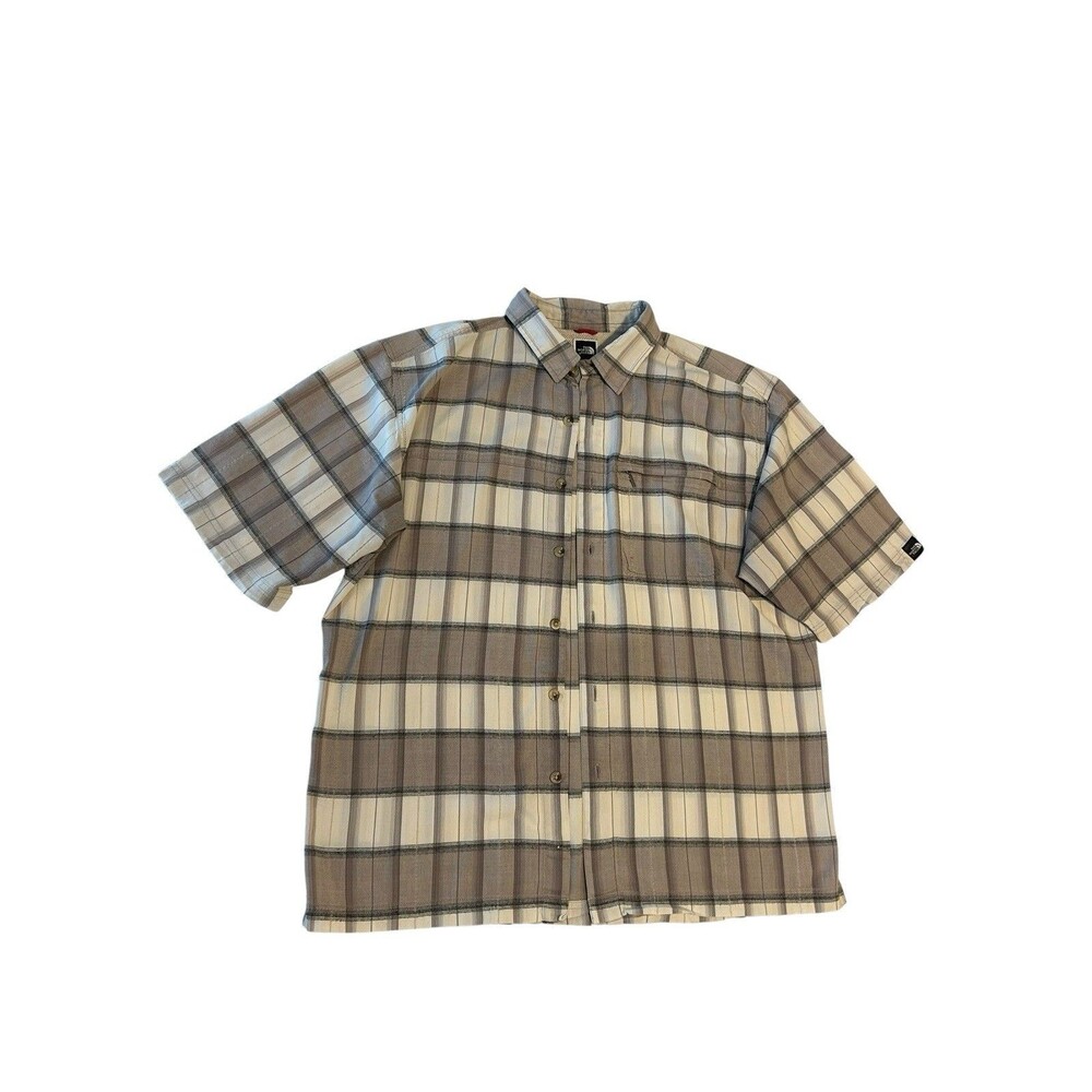 Northface Men's Button Up Shirt Size MED Short Sleeve Beige Cream Plaid Outdoor